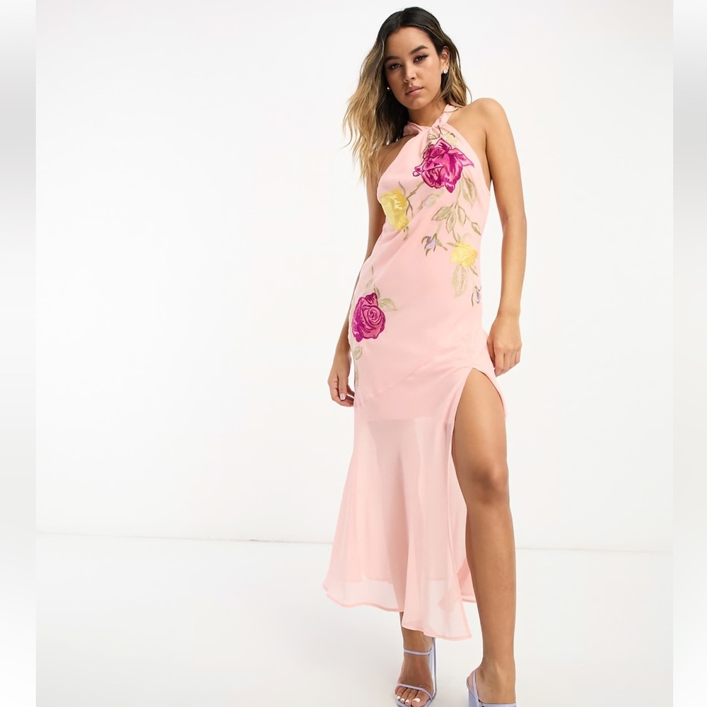 ASOS DESIGN embroidered split front halter midi dress in light coral size 8 - Picture 4 of 12